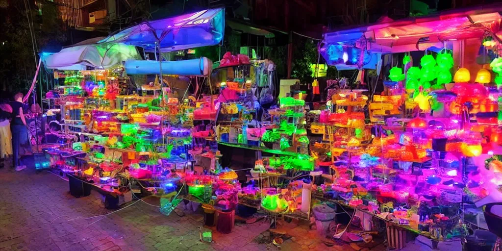 Prompt: edible rgb lights being sold at a road side stand, cyberpunk, high quality, ue 5.