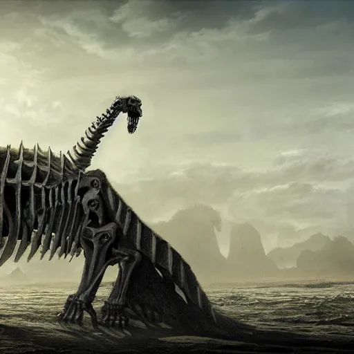 Prompt: skeleton of a colossal ancient beast laying in a dried ocean, by Andreas Rocha + Ted Nasmith, dark, epic, masterpiece, highly detailed, 8k resolution, trending on art station