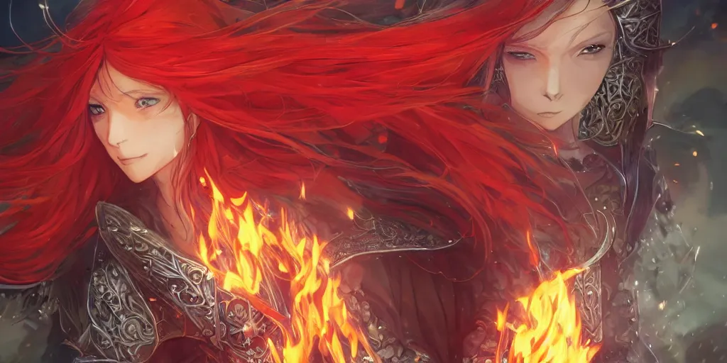 Image similar to an elven sorceress with red long hair in a very good beautiful heavy scale armor, wearing a cape, casting a fire spell, dungeon background, magical, bright, colorful, fantastic lighting, amazing details, 4 k uhd, illustration by hayao miyazaki and makoto shinkai and ilya kuvshinov, artstation, pixiv,