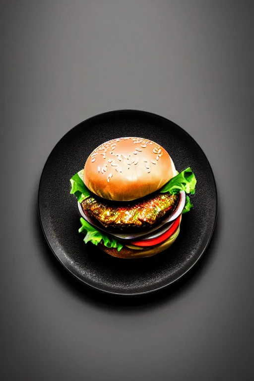 Image similar to crystal in form of burger, symmetry, cinematic, elegant, expensive, luxury materials, perfect light, perfect composition, dlsr photography, sharp focus, 4 k, ultra hd, sense of awe, by tiffany and swarovski