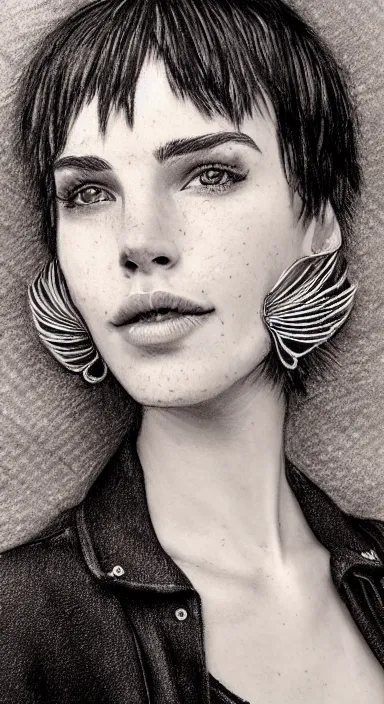 Prompt: highly detailed realistic pencil sketch portrait of a beautiful woman with short hair and bangs and freckles and nose piercing and earrings