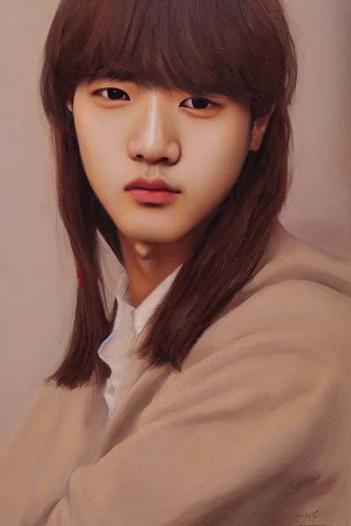 Image similar to realistic oil painting of Kim Taehyung, exquisite detail, hyper realism, ornate, exquisite detail, cute face