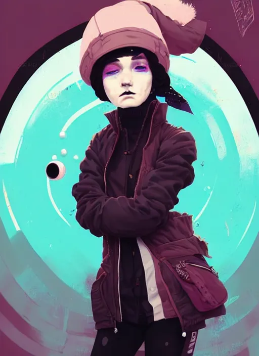 Prompt: highly detailed portrait of a sewer punk lady student, blue eyes, bubble jacket, hat, white hair by atey ghailan, by greg rutkowski, by greg tocchini, by james gilleard, by joe fenton, by kaethe butcher, gradient pink, black, brown and light blue color scheme, grunge aesthetic!!! ( ( graffiti tag wall background ) )