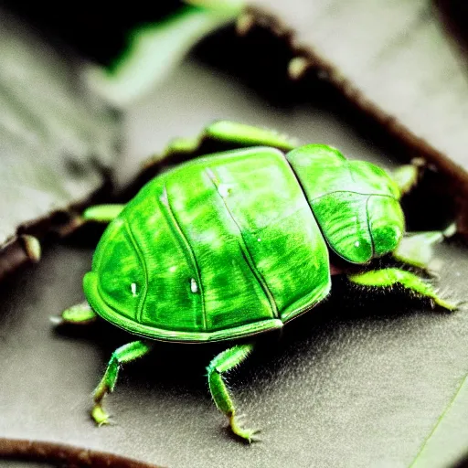 Prompt: hybrid of green beetle and turtle, photorealistic, close - up