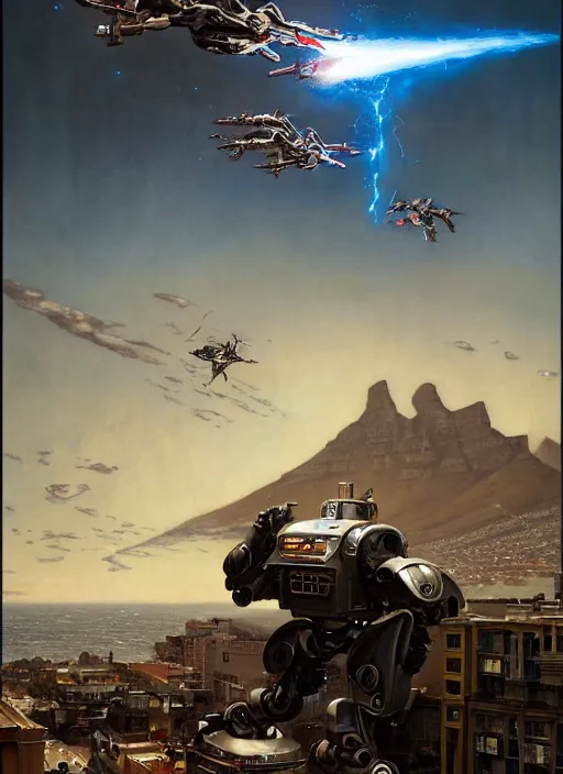 Prompt: hyper realistic robot attacking cape town city,. poster painted by light and magic by wizards of the coast norman rockwell, james gurney and greg rutkowski weta studio, and lucasfilm and best of artstation