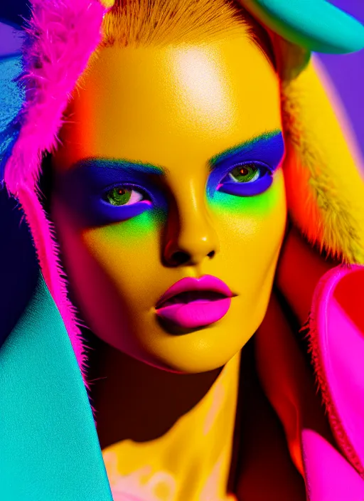 Image similar to stylish coat for a rave, bright colors, many details, prints, photo for a magazine, photo for a store, fashion photography, Vogue, 135 mm, cinematic, hyper realism, high detail, octane render, 8k, chrome accents, very coherent symmetrical artwork, perfect face model, full length photo, Upper and lower body