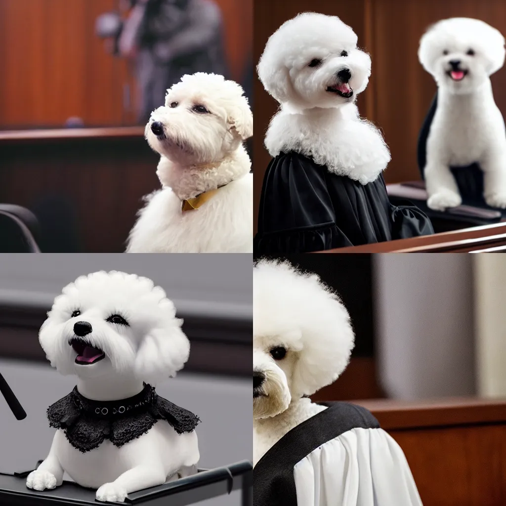 Image similar to a closeup photorealistic photograph of a cute smiling white bichon frise judge wearing a black gown and speaking to the courtroom. this 4 k hd image is trending on artstation, featured on behance, well - rendered, extra crisp, features intricate detail, epic composition and the style of unreal engine.