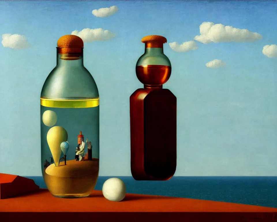 Image similar to a ship in a bottle by raphael, hopper, and rene magritte. detailed, proportional, romantic, enchanting, trending on artstation