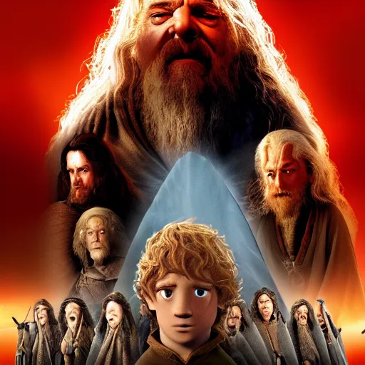 Prompt: the main promotional poster for the pixar remake of lord of the rings : return of the king. animated in 4 k with presto animation software.
