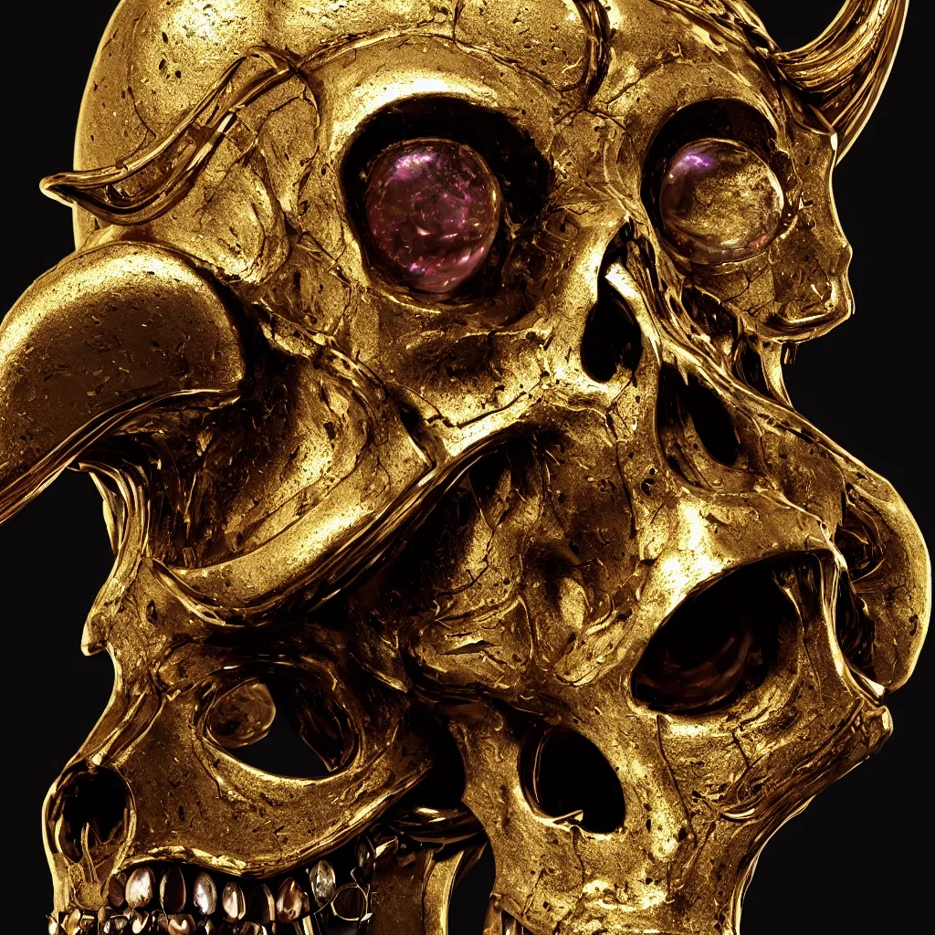 Image similar to Photorealistic epic egyptian god face close up portrait human skull, ram skull, jackal skull, gold, gemstones, gems, jewels. ominous, ancient magic, scary intricate artwork by Tooth Wu and beeple and Jake Baddeley. octane render, trending on artstation, greg rutkowski very coherent symmetrical artwork. cinematic, hyper realism, high detail, octane render, 8k