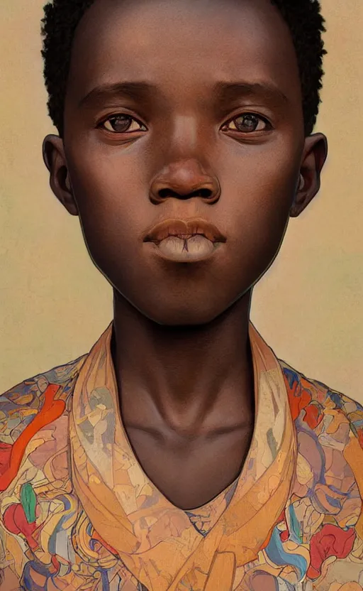 Image similar to colourful upper half portrait of an african boy, art by hsiao - ron cheng & alphonse mucha, highly detailed, digital painting, ray tracing, concept art, illustration, smooth sharp focus, intricate, symmetry, artstation,