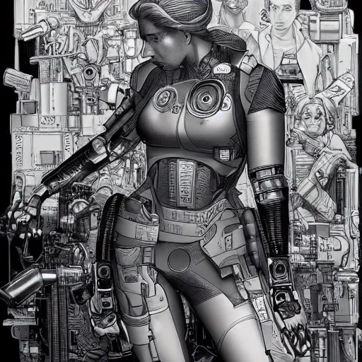 Prompt: drawing of female cyborg of scarlet johansson by kim jung gi and james jean