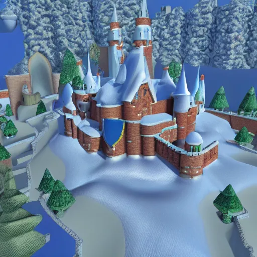 Prompt: 3D Mario 64 castle aerial view, 4k, 40% snow