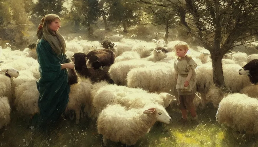 Image similar to simple villager shepherd and children with flocks of sheep in open fields, art by anders zorn, wonderful masterpiece by greg rutkowski, beautiful cinematic light, american romanticism thomas lawrence, greg rutkowski