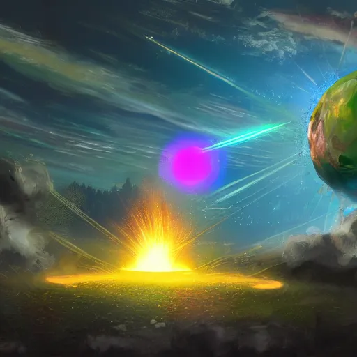 Image similar to Concept art for the earth exploding. Trending on art station, bright colors, lens flare.
