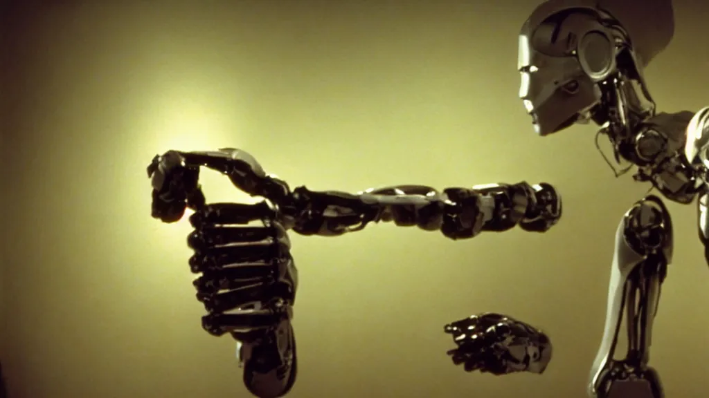 Prompt: movie scene of a robot extending finger, movie still, cinematic composition, cinematic light, by david lynch