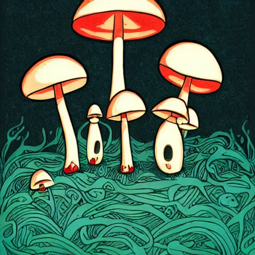 Image similar to a happy mushroom family by tim doyle and anna dittmann, macabre | creepy