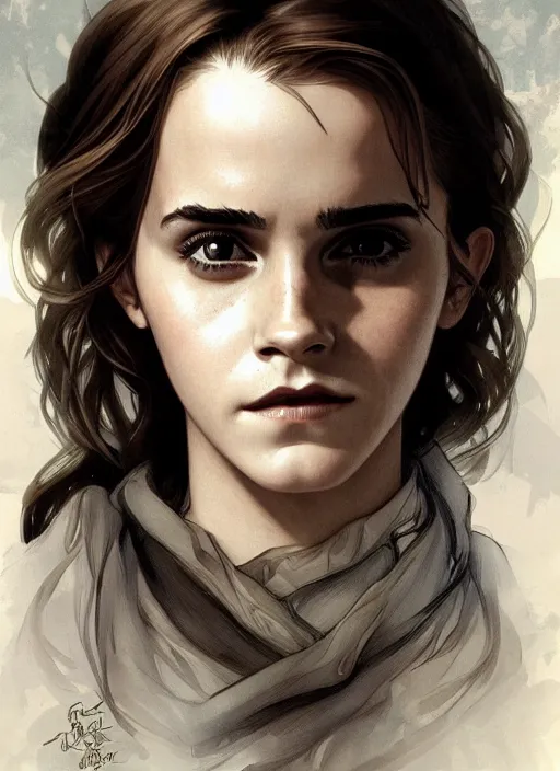 Image similar to emma watson as hermione. beautiful detailed face. by artgerm and greg rutkowski and alphonse mucha