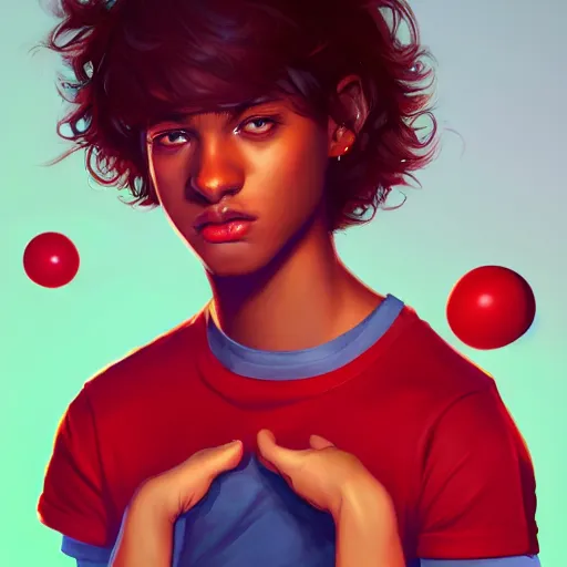 Image similar to colorful and festive captivating teenager with straight brown hair covering his eye, dark skin, big lips, wearing a red t - shirt. rich vivid colors, ambient lighting, dynamic lighting, 4 k, atmospheric lighting, painted, intricate, highly detailed by charlie bowater