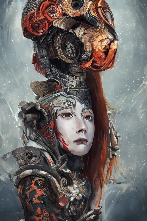 Prompt: portrait of beautiful young mainem, warhammer, japaneese style, cyberpunk armor, a lot of more scars, more and more flowers, orange head, the middle ages, highly detailed, artstation, illustration, art by max ernst, 8 k quality