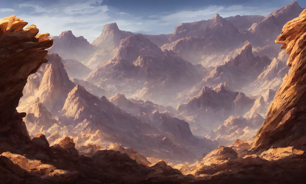 Prompt: High desert mountains, rocky ridge valley. Nevada mountain range, sand in the canyon. Amazing landscape of peaks, large stone cliff rock, trending on artstation, 50mm, by Noah Bradley