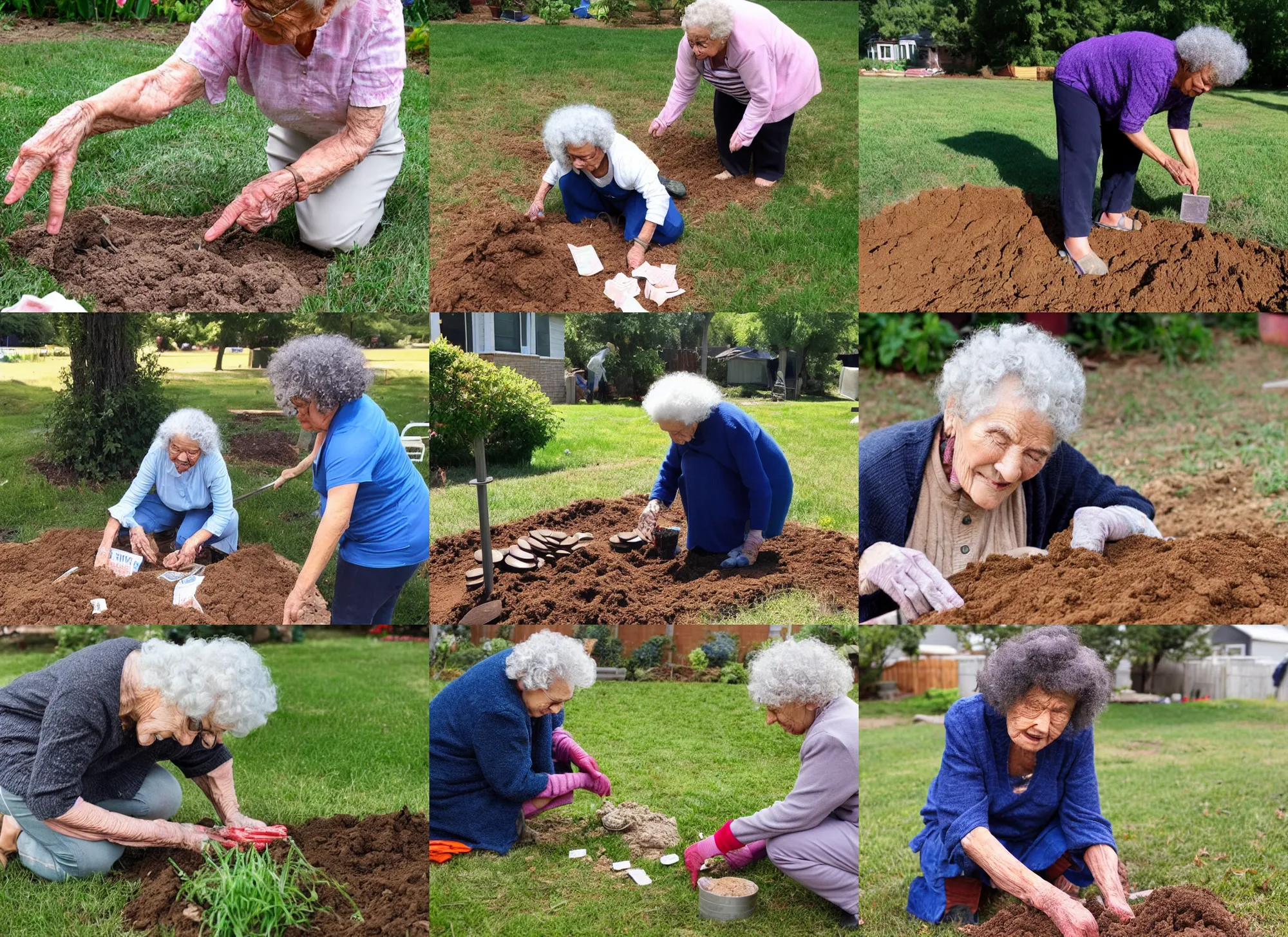 Prompt: an old lady with curly gray hair burying money in the back yard