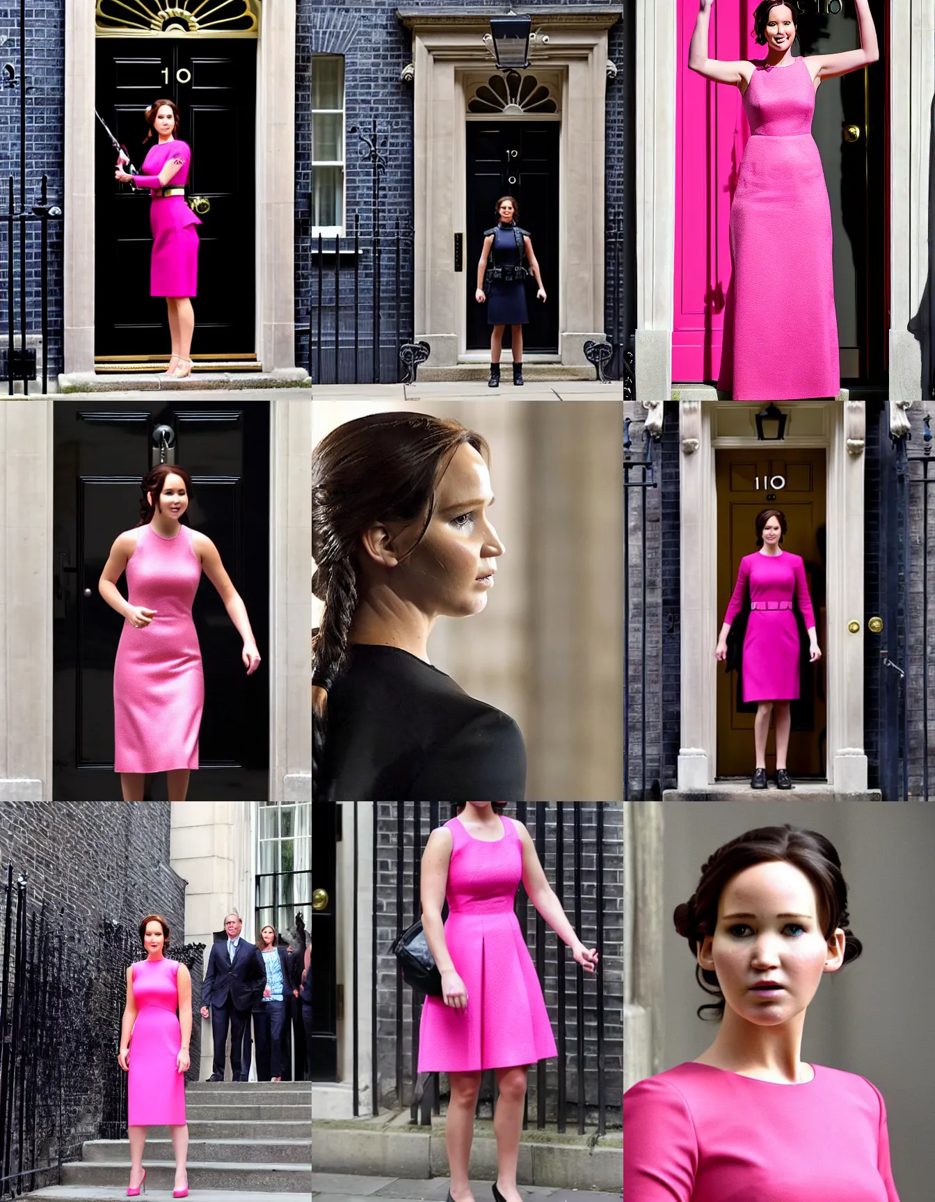 Prompt: official portrait photo of katniss everdeen, wearing a pink dress, exiting 1 0 downing street