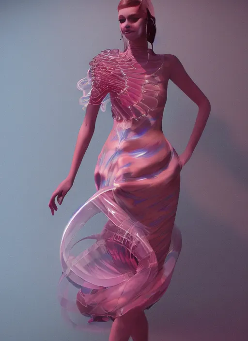 Image similar to A beautiful fashion model wearing a jelly fish dress, 3D Fashion, Professional Fashion, Octane Render, Trending on ArtStation, Aesthetic, Studio Quality Lighting