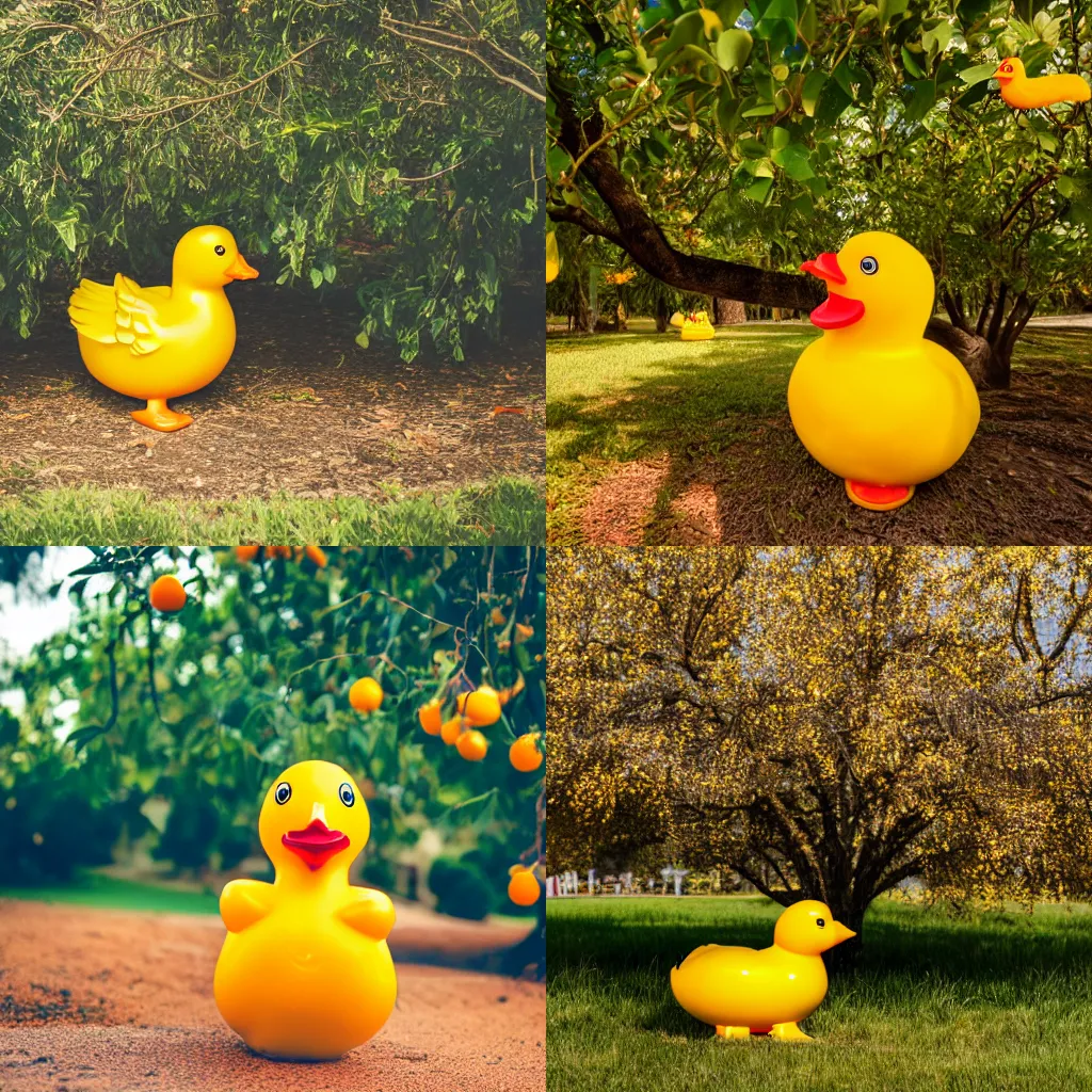 Prompt: a cute golden rubber ducky under an orange tree, high quality DSLR photography, professional photo of a rubber ducky