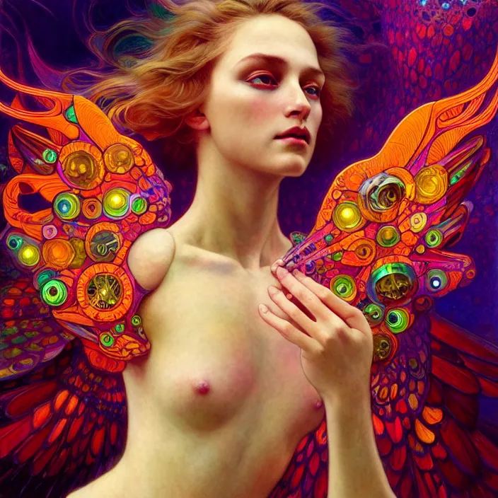 Image similar to bright psychedelic portrait of organic cyborg holding wings, diffuse lighting, fantasy, intricate, elegant, highly detailed, lifelike, photorealistic, digital painting, artstation, illustration, concept art, smooth, sharp focus, art by John Collier and Albert Aublet and Krenz Cushart and Artem Demura and Alphonse Mucha