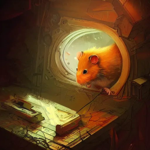 Image similar to very scared hamster, digital illustration portrait design, by android jones and greg rutkowski, retrowave color scheme, detailed, cinematic lighting, wide angle action dynamic portrait