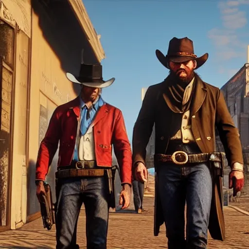 Prompt: cowboy androids walking the streets in Saint Denis in Red Dead Redemption 2 8k hyperdetailed photorealism HDR