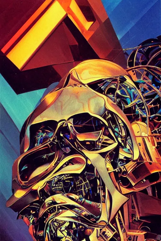 Image similar to fisheye, a portrait of a shattered cybernetic skull, lost in tensor fields, madness, decoherence, synthwave, glitch!!, fracture, realistic, hyperdetailed, concept art, golden hour, art by syd mead, cubism