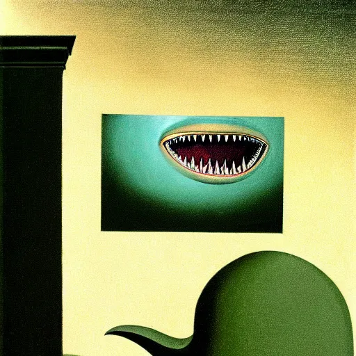 Prompt: Magritte illustration of a shark, Alien mouth