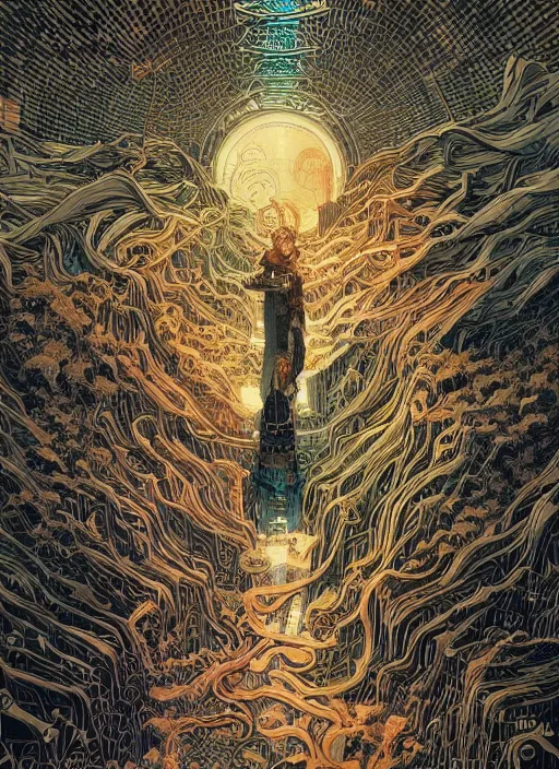 Image similar to We all live in a dystopian society cherishing silently the evil within, intrincate, maximalism, by Michael Whelan! Victo Ngai, Tyler Edlin, Ayami Kojima