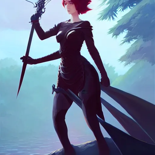 Image similar to a woman holding a sword with a dragon on it, concept art by Ilya Kuvshinov, contest winner, fantasy art, official art, concept art, high detail, experimental, high quality, hyperrealistic, 4k