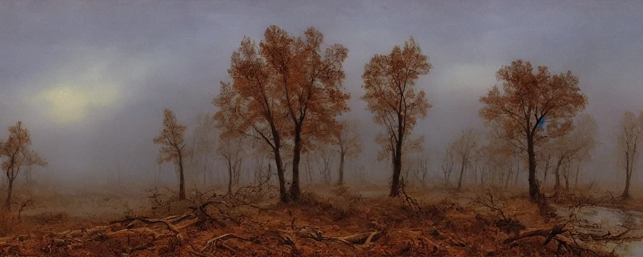 Prompt: fall dead trees pumpkin patch spooky fog shrouded landscape, forest, river, matte painting, by Isaac Levitan and Vasily Perov