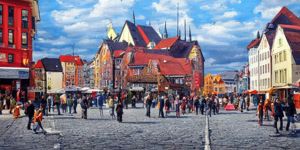 Prompt: Highly detailed oil painting of street life in stavanger by noon, strong atmosphere, oil painting masterpiece by Josep Tapiró Baró, symmetry, fractals