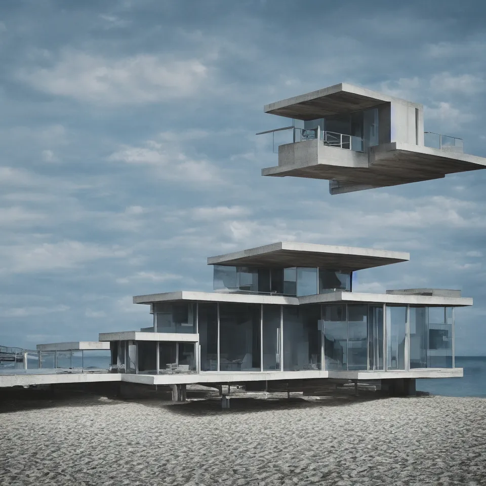 Image similar to architecture ad for a mid-century modern house on the beach, designed by Bjarke Ingels. Film grain, cinematic, colorized, blue hue