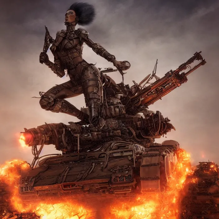Prompt: beautiful apocalyptic woman with mohawk, standing on mad max panzer tank, hyper-detailed, smooth, sharp focus, 4k ultra hd, fantasy dark art, tank girl, artgerm, artstation, octane render, elegant, detailed digital painting, apocalyptic art, Francis bacon, unreal engine, depth map