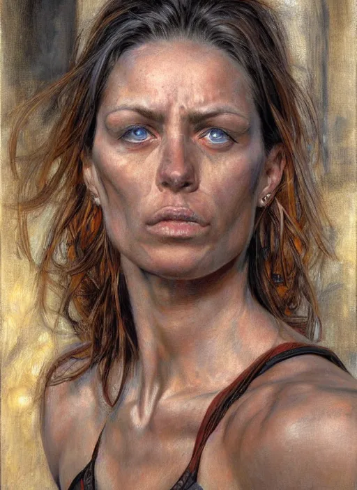 Prompt: frontal portrait of a emotional muscular female survivor in a city, by donato giancola