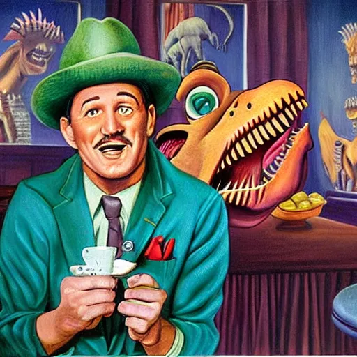 Image similar to beautiful lifelike painting of gene kelly demanding a refund on overcooked dinosaur steak in downtown dive bar bistro, hyperreal detailed facial features and uv lighting, art by ed roth and basil wolverton