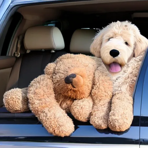 Prompt: realistic photo of a goldendoodle sleeping in the backseat of a car with a teddy bear