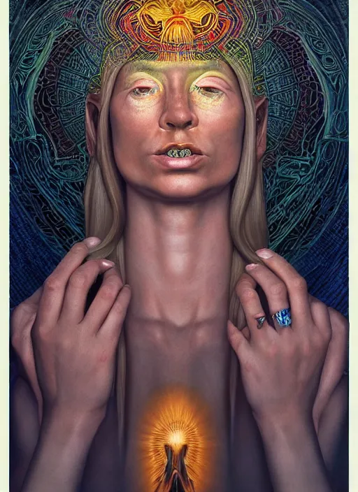 Image similar to portrait ultra dimensional cult woman shaman, enlightenment tripping on dmt, psychedelic experience, ultra high definition, unreal engine 5, hyperrealism, masterpiece composition, by michael parkes, casey weldon, barclay shaw