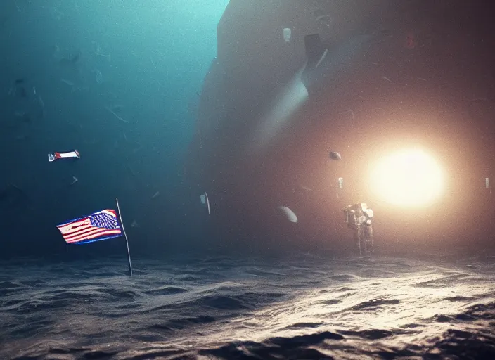 Prompt: dark underwater photo of an astronaut underwater putting a flag on the ocean's floor. in the background, a submarine is visible. dark, concept art, cinematic, dramatic, blender, photorealistic, octane render, 8 k, volumetric lighting, trending on artstation