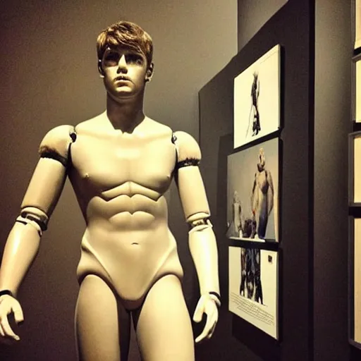 Image similar to “ a realistic detailed photo of a guy who is an attractive humanoid who is half robot and half humanoid, who is a male android, actor liam hemsworth, shiny skin, posing like a statue, blank stare, at the museum, on display ”