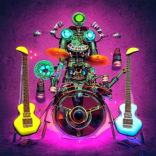 Image similar to album art, bandname is robos rock, rockband with 3 steampunk robots playing guitar and drums, 8 k, flourescent colors, halluzinogenic, multicolored, exaggerated detailed, front shot, 3 d render, octane