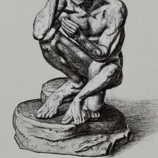 Image similar to botanical sketch, The thinker sculpture, in the style of William Bartram with mushrooms and peyote at the base, high detail, b&w,