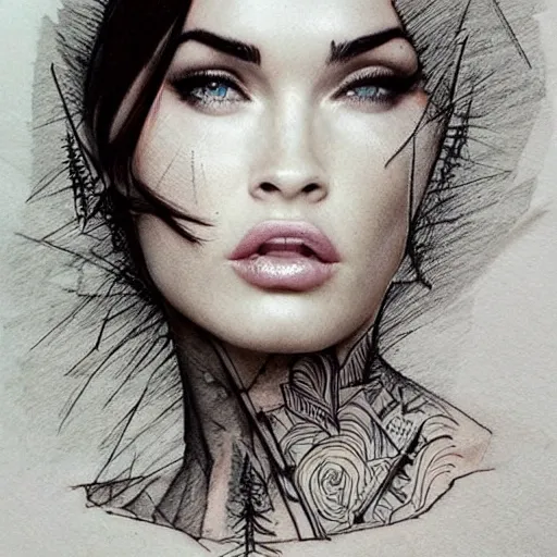 Image similar to megan fox as beautiful mountains, double exposure effect, medium sized tattoo sketch, amazing detail, on pinterest