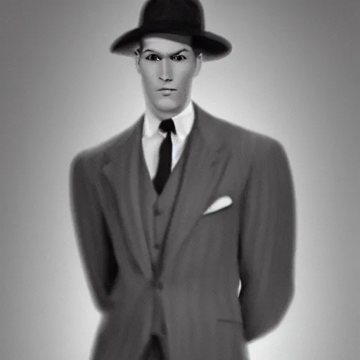 Image similar to A photograph portrait of Jerma985 wearing a suit with and fedora in the 1940s, taken in the early 1940s, grainy, taken on a 940s Kodak Camera, realistic, hyperrealistic, very realistic, highly detailed, very detailed, extremely detailed, detailed, digital art, trending on artstation